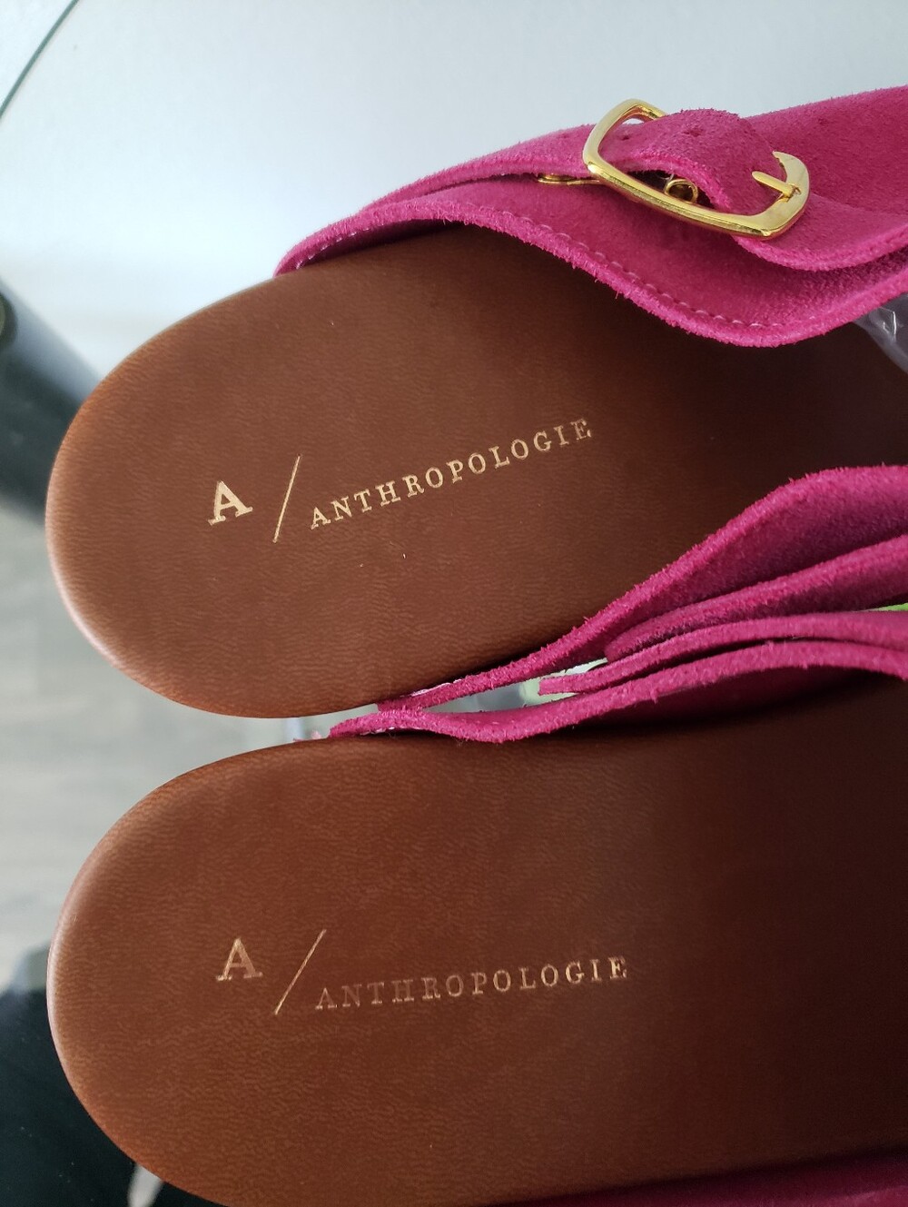 Anthropologie Magenta Suede Clog Mules with Gold Buckle - Picture 2 of 10